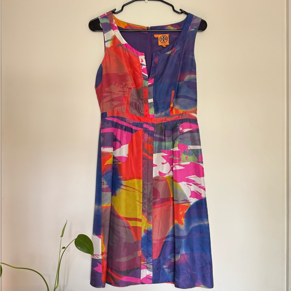 Tory Burch Womens Lined Vibrant Abstract Print Sleeveless 100% Slik Dress Size 2